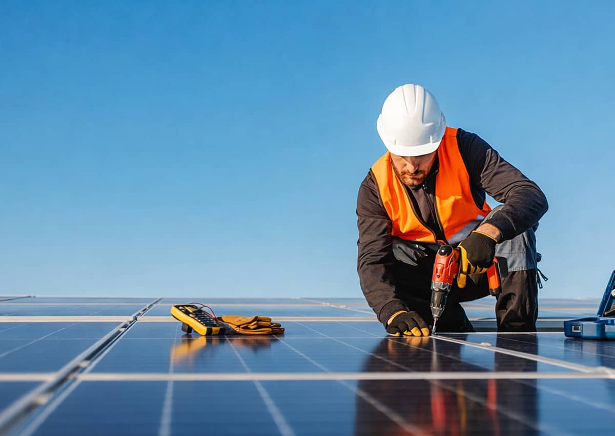 Professional solar installer working on rooftop solar panel installation